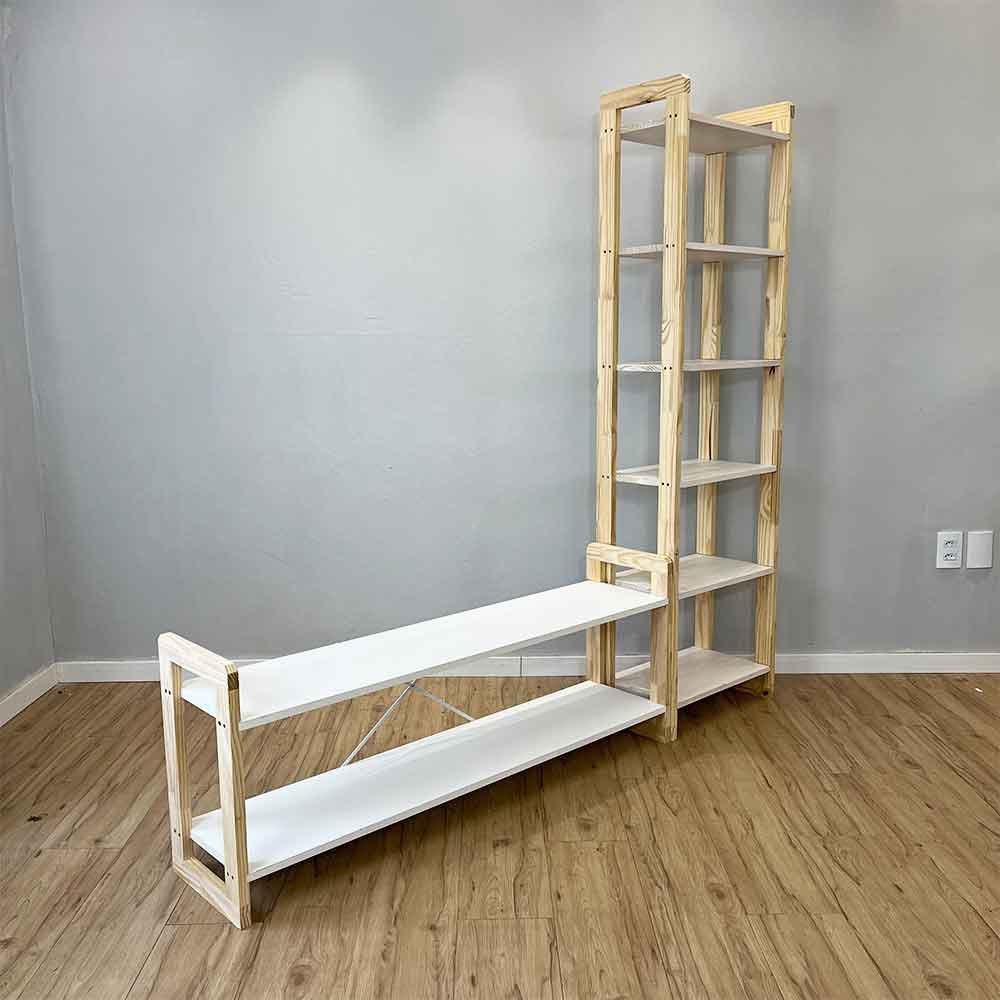 rack de tv de madeira pinus com estante 6 prateleiras slim linea branco e natural4