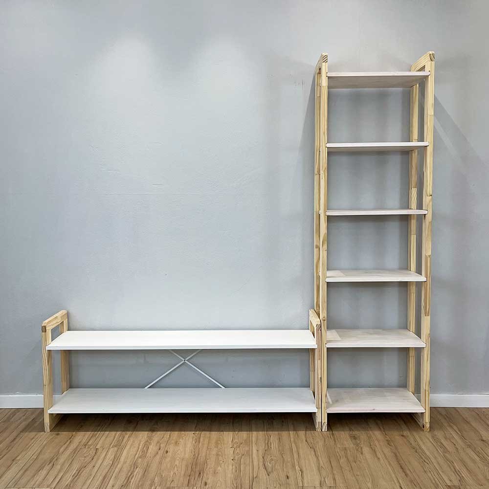 rack de tv de madeira pinus com estante 6 prateleiras slim linea branco e natural5