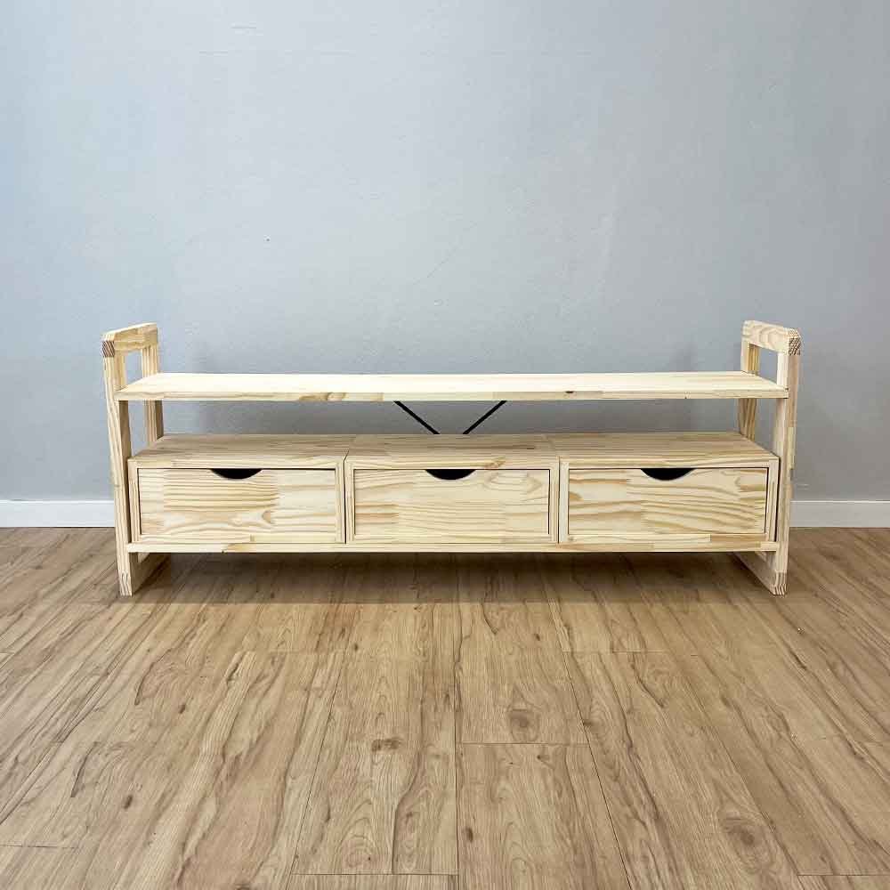 03 rack de tv de madeira pinus linea com 3 gavetas natural