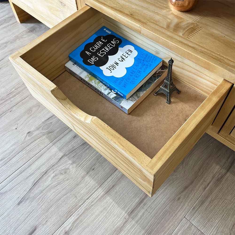 27 rack de tv de madeira pinus linea com 3 gavetas nozes