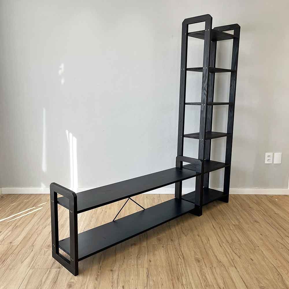 rack de tv de madeira pinus com estante 6 prateleiras slim linea preto3