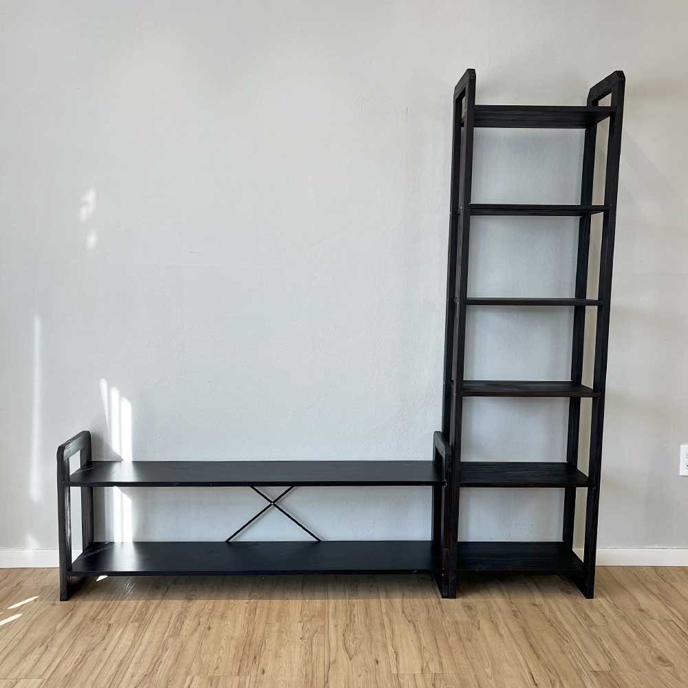 rack de tv de madeira pinus com estante 6 prateleiras slim linea preto4