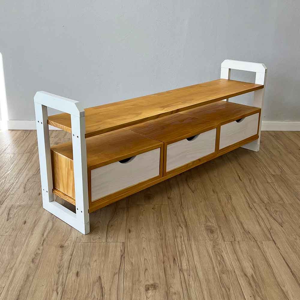 14 rack de tv de madeira pinus linea com 3 gavetas nozes e branco