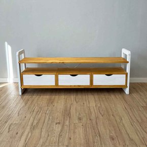 15 rack de tv de madeira pinus linea com 3 gavetas nozes e branco