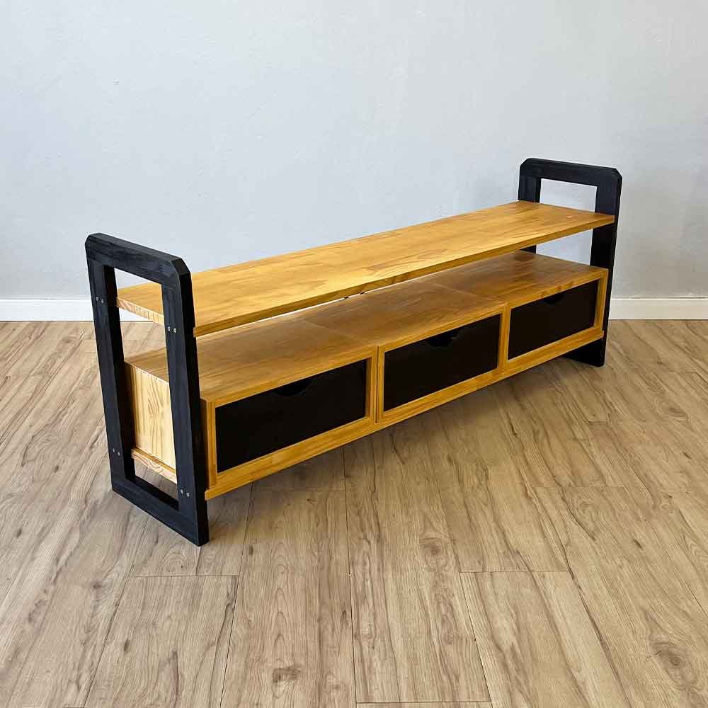 09 rack de tv de madeira pinus linea com 3 gavetas nozes e preto