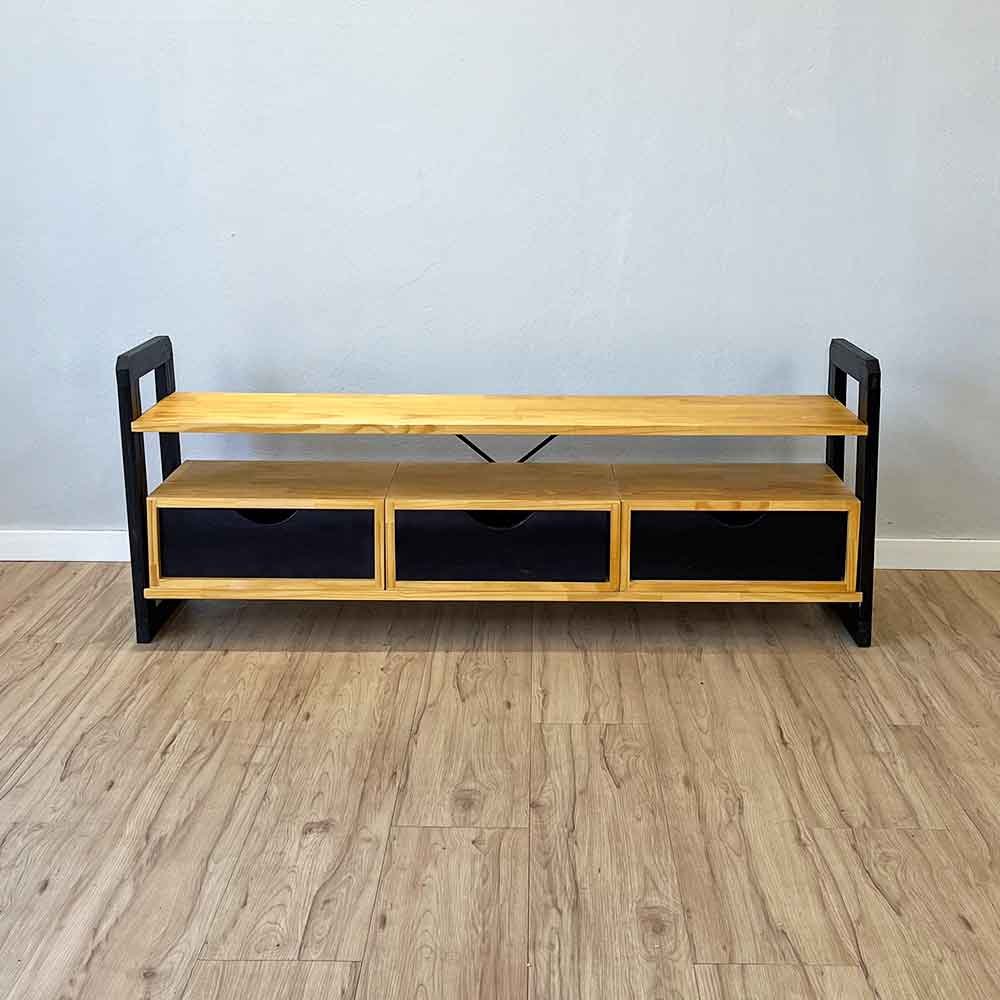 11 rack de tv de madeira pinus linea com 3 gavetas nozes e preto