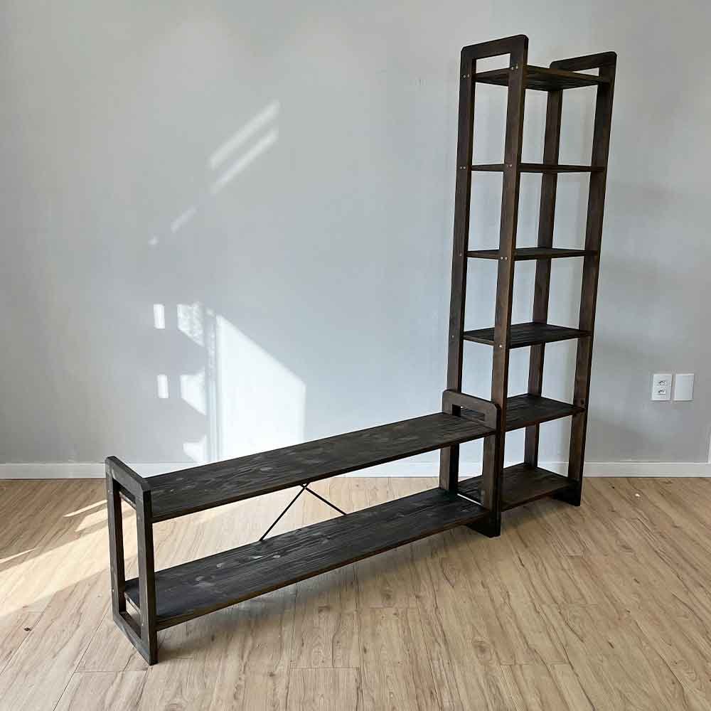 01 rack de tv de madeira pinus com estante 6 prateleiras slim linea tabaco