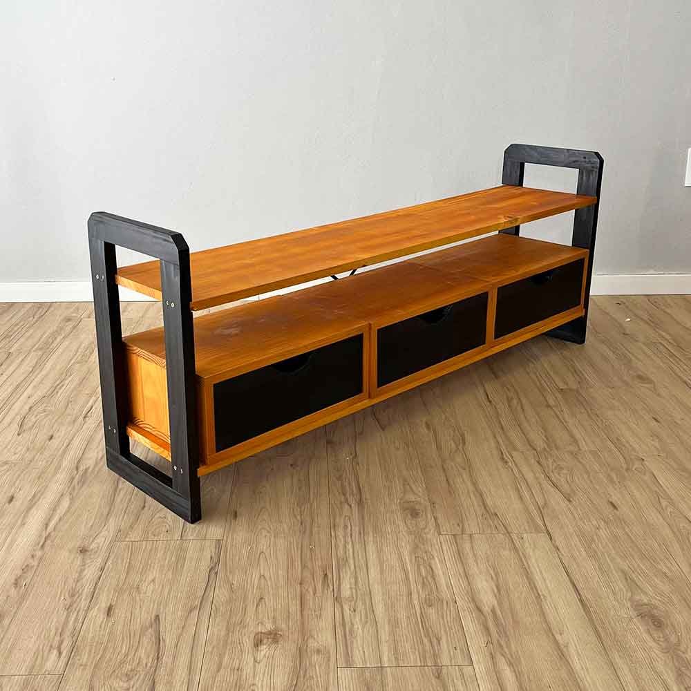 rack de tv de madeira pinus linea com 3 gavetas carvalho e preto4