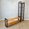 rack de tv de madeira pinus com estante 6 prateleiras slim linea carvalho e preto de lado