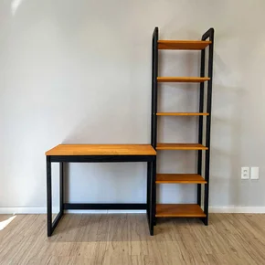 home office escrivaninha e estante de madeira pinus linea slim carvalho e preto frontal