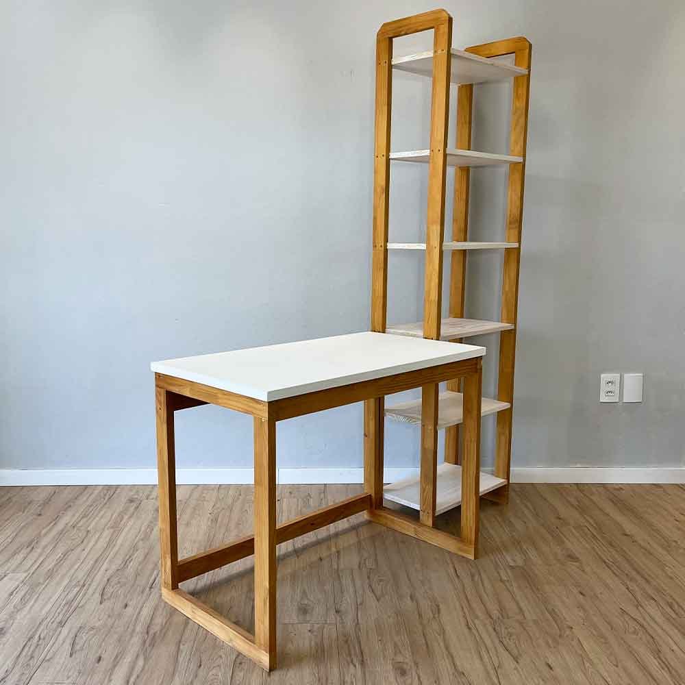 10 home office escrivaninha e estante de madeira pinus linea slim branco e nozes