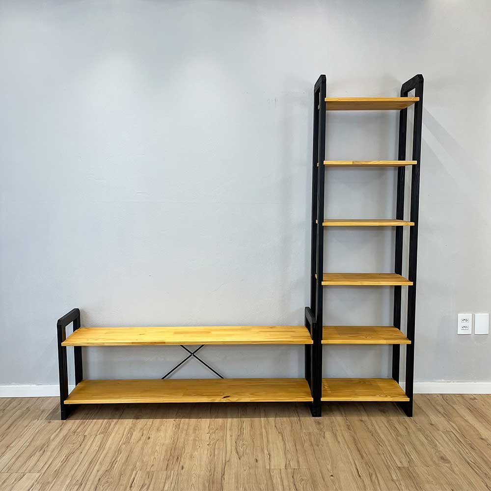 05 rack de tv de madeira pinus com estante 6 prateleiras slim linea nozes e preto
