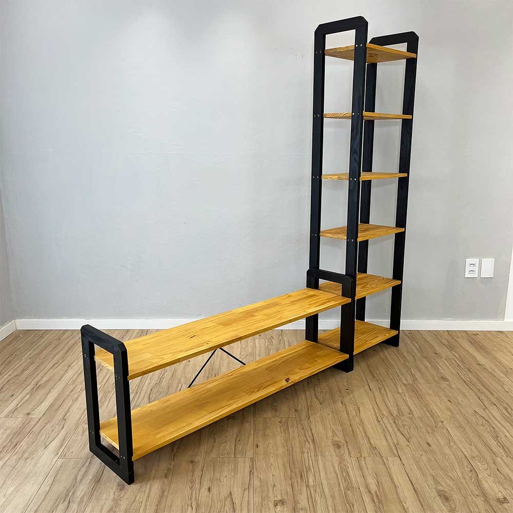 09 rack de tv de madeira pinus com estante 6 prateleiras slim linea nozes e preto