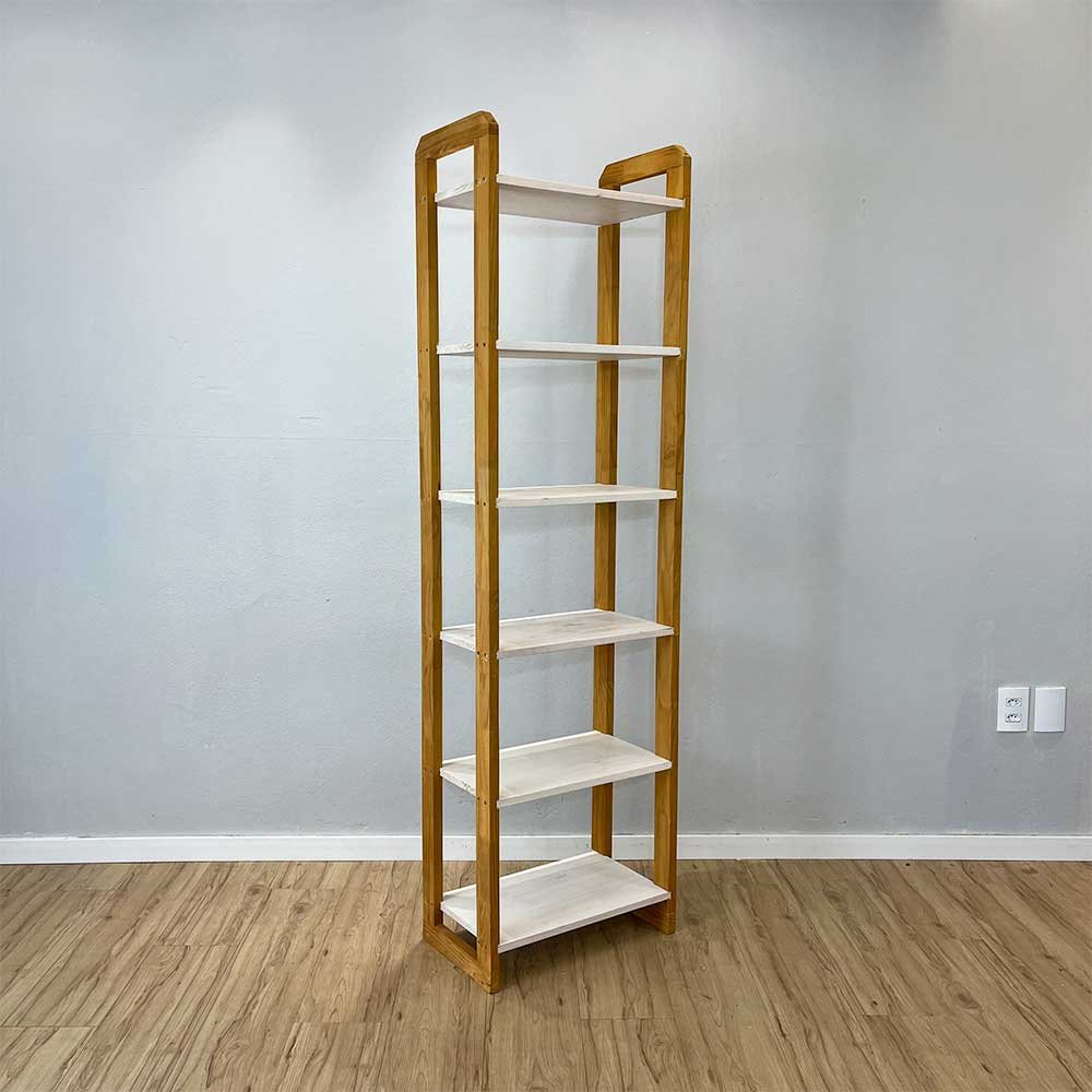 09 estante 6 prateleiras de madeira pinus linea slim branco e nozes