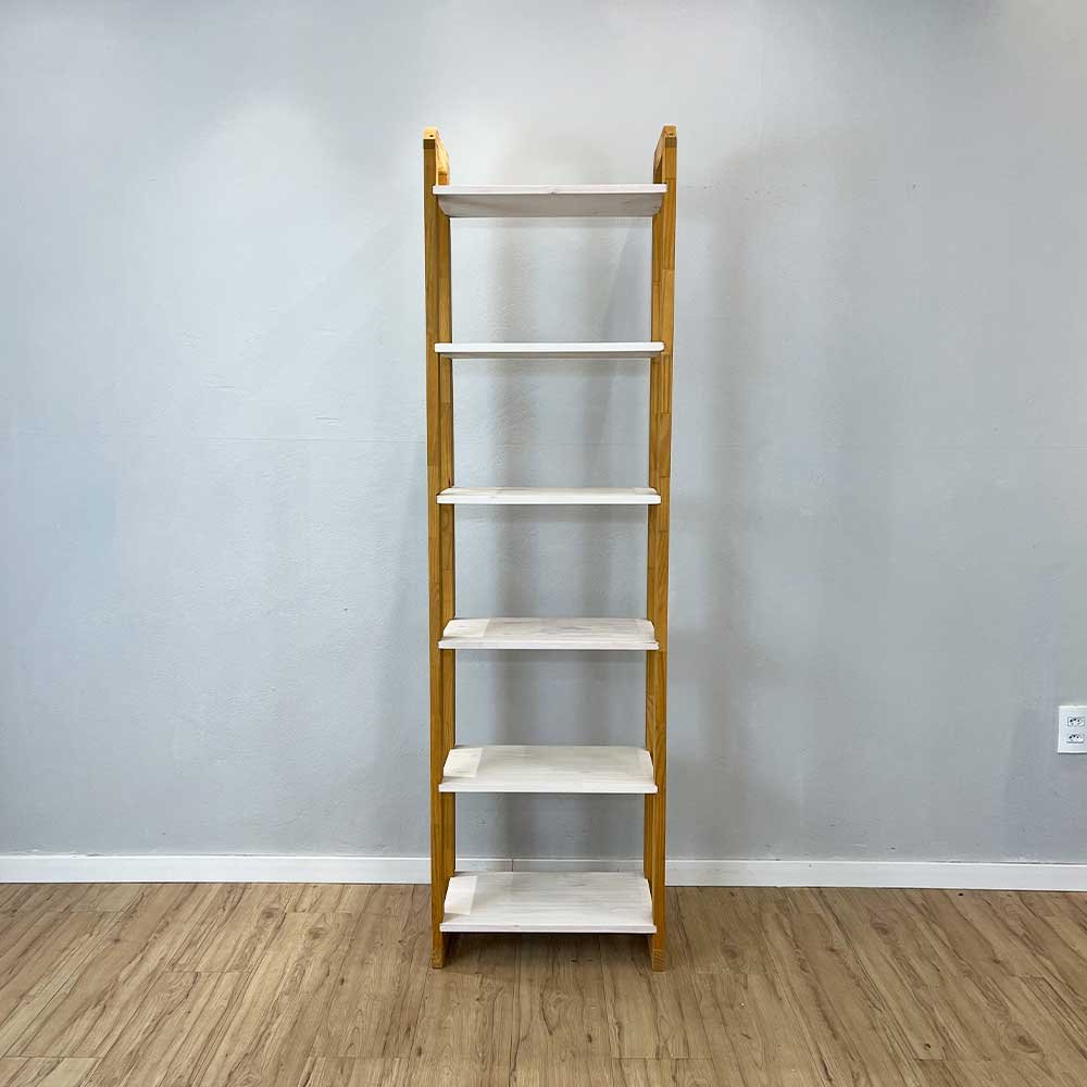 10 estante 6 prateleiras de madeira pinus linea slim branco e nozes