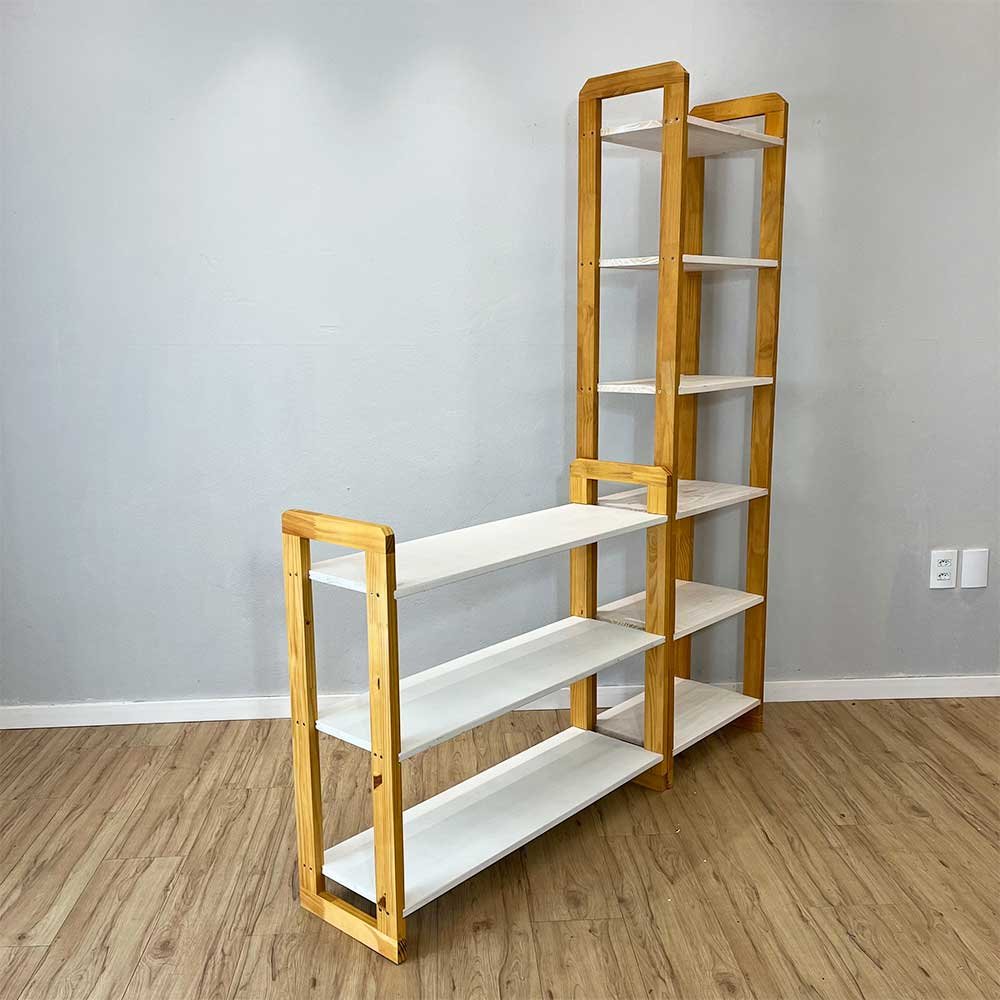 01 cantinho estante e aparador de madeira pinus linea branco e nozes