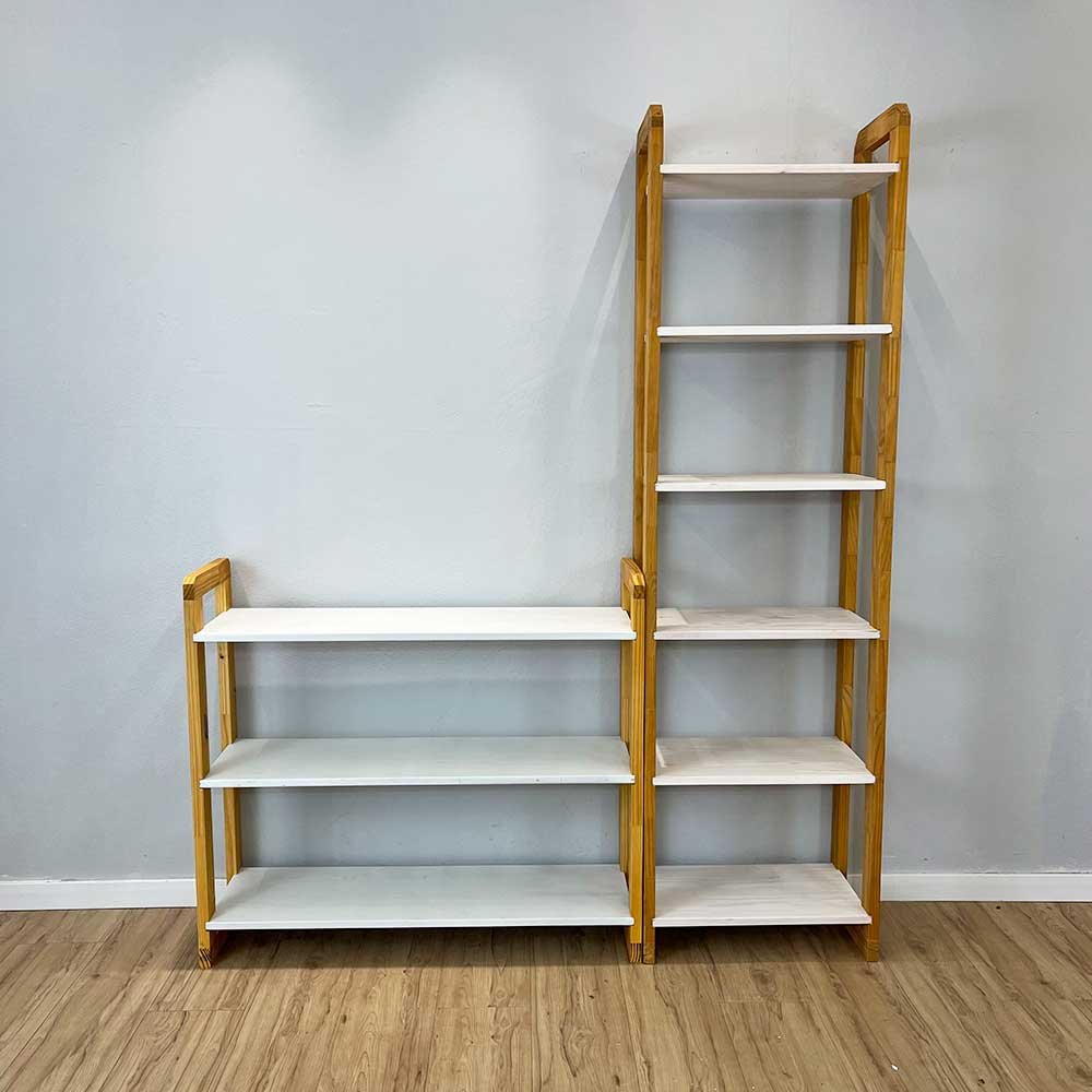 05 cantinho estante e aparador de madeira pinus linea branco e nozes