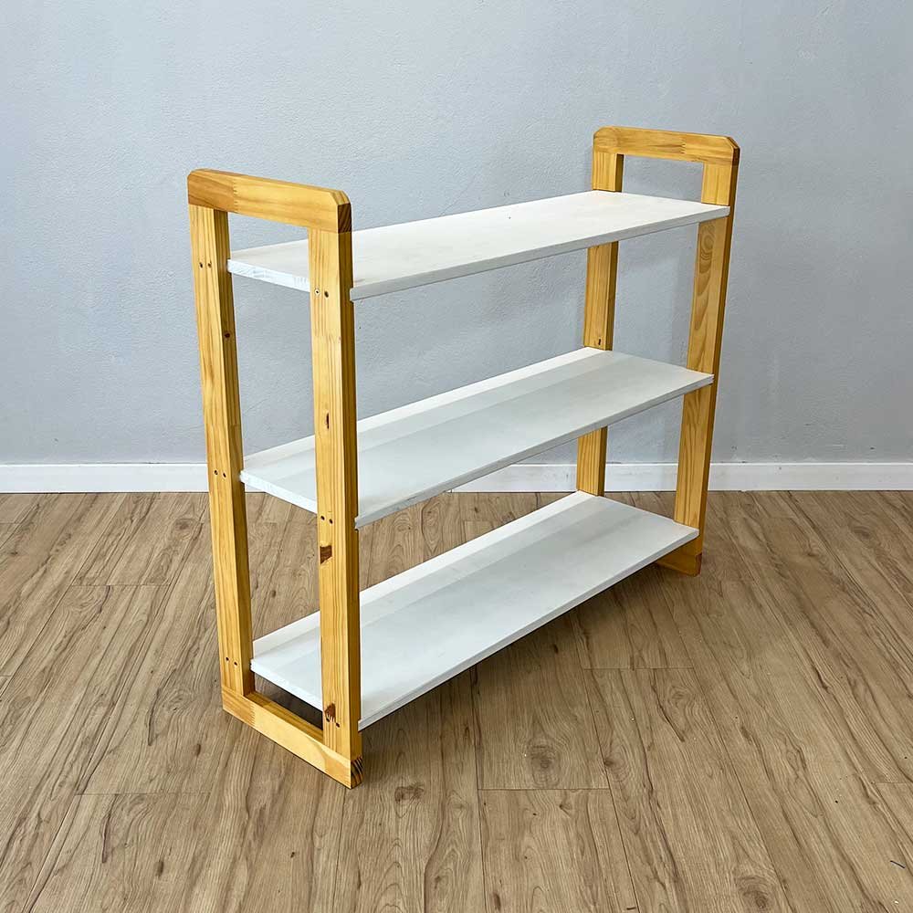 04 aparador de madeira pinus linea de 3 prateleiras ample branco e nozes