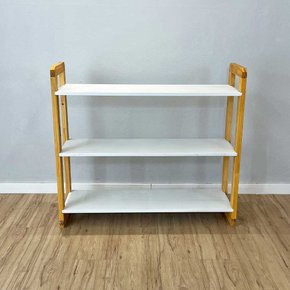 05 aparador de madeira pinus linea de 3 prateleiras ample branco e nozes