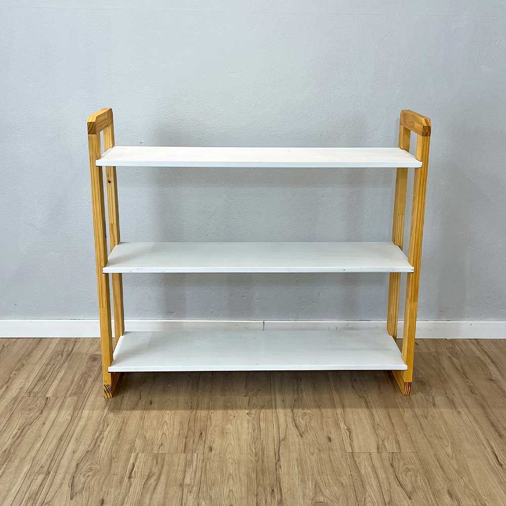 05 aparador de madeira pinus linea de 3 prateleiras ample branco e nozes