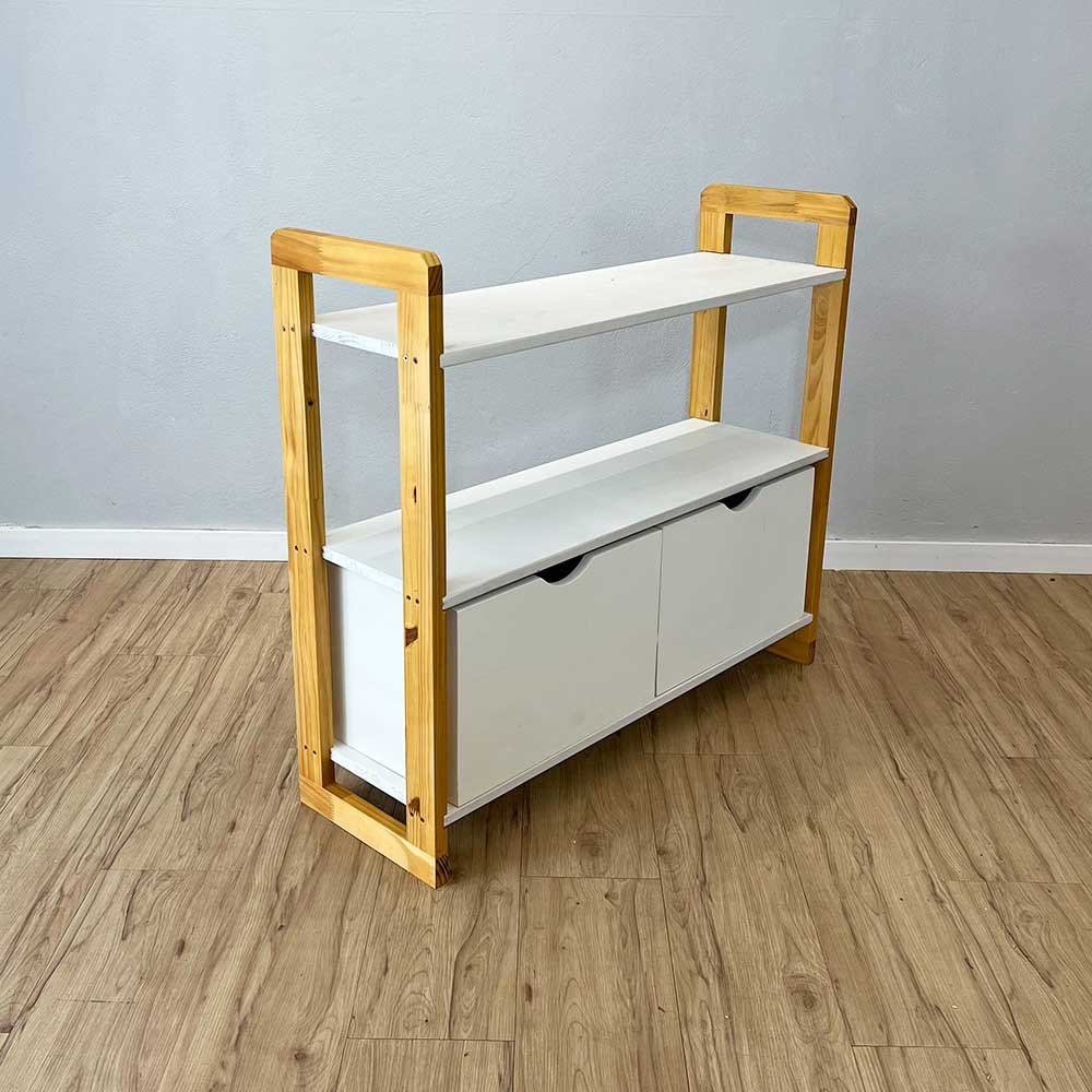 aparador de madeira pinus linea de 3 prateleiras ample com 2 gavetas branco e nozes4