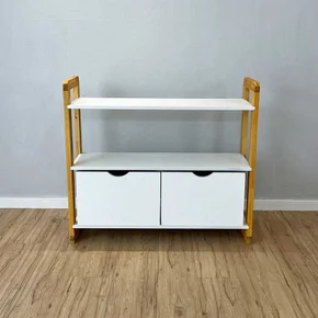 aparador de madeira pinus linea de 3 prateleiras ample com 2 gavetas branco e nozes5