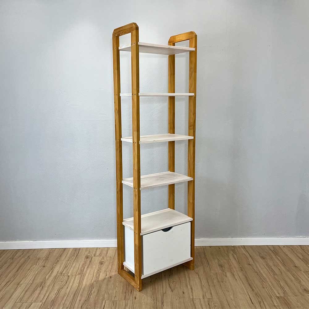estante 6 prateleiras pinus linea slim com gaveta branco e nozes4