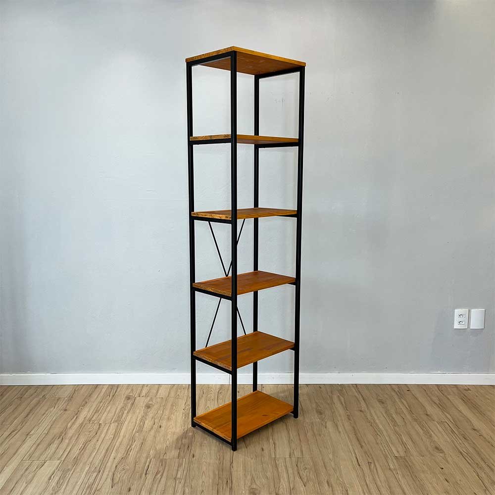 07 estante style de ferro e madeira slim 6 prateleiras industrial carvalho e preto