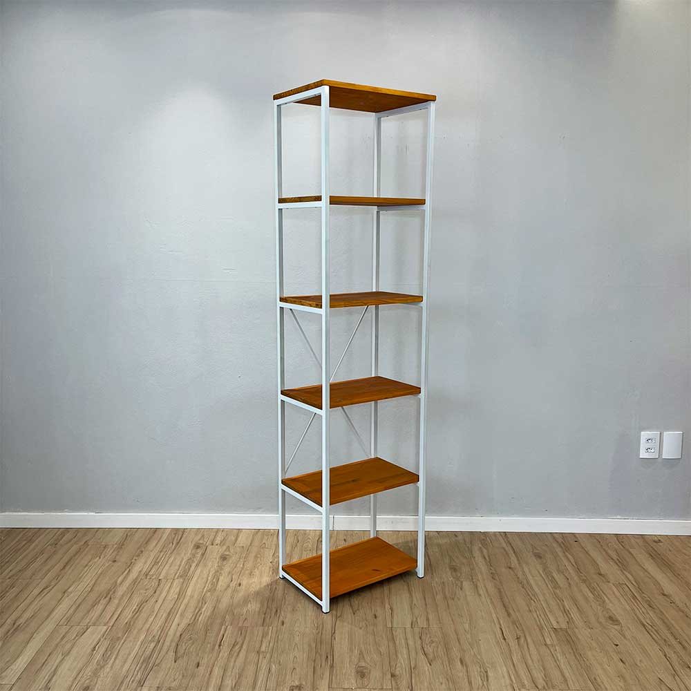 05 estante style de ferro e madeira slim 6 prateleiras industrial carvalho e branco