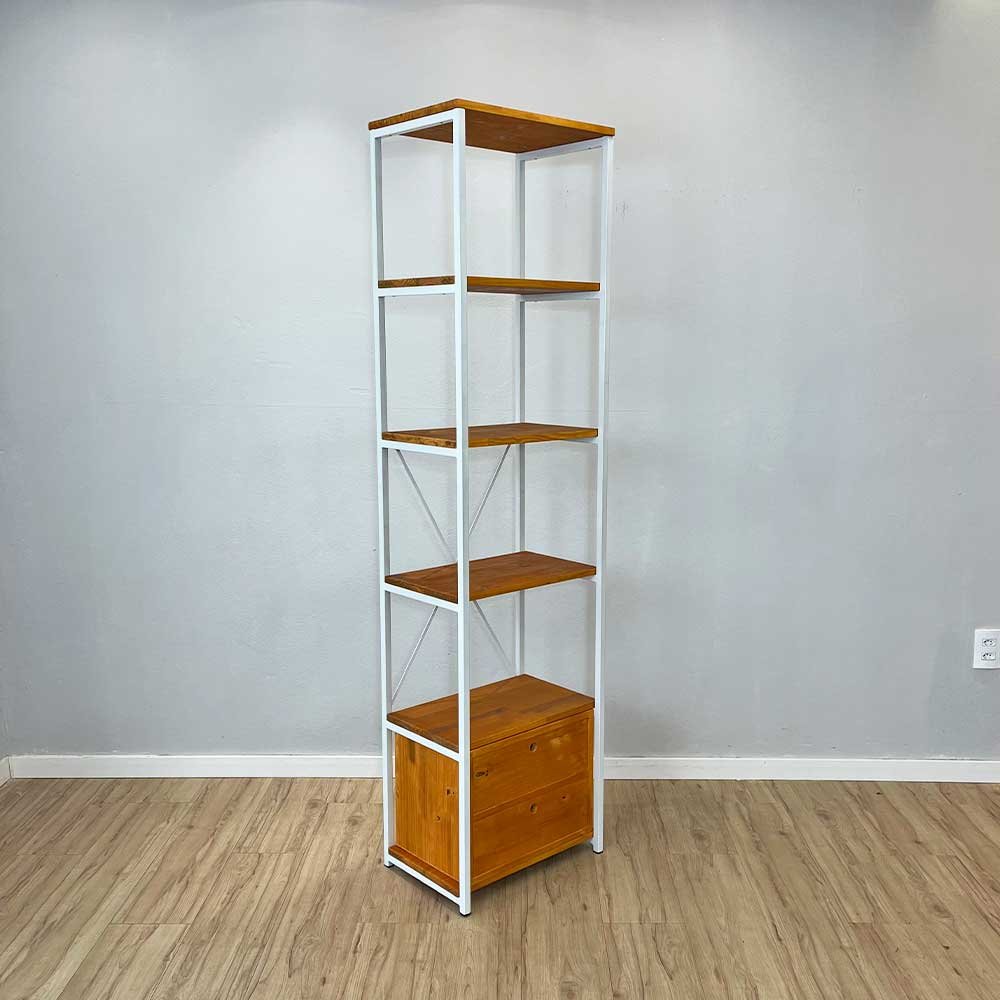 06 estante style de ferro e madeira slim 6 prateleiras industrial com 1 gaveteiro carvalho e branco