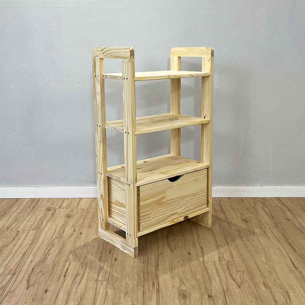 06 aparador de madeira pinus linea de 4 prateleiras slim com gaveta natural