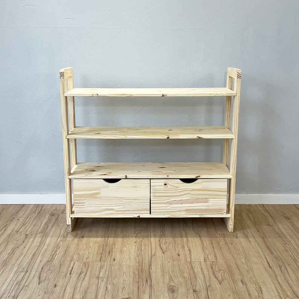 05 aparador de madeira pinus linea de 4 prateleiras ample com 2 gavetas natural