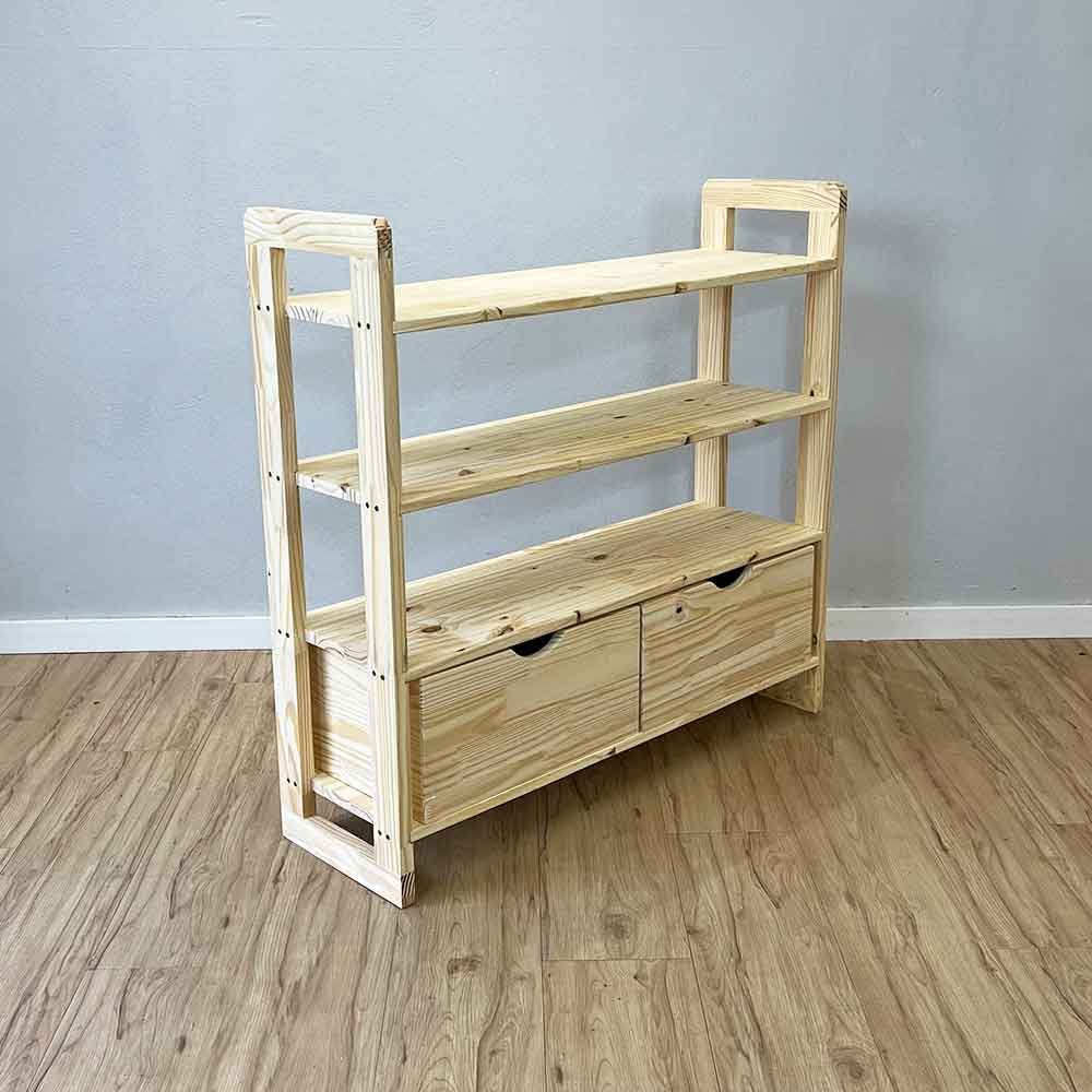 06 aparador de madeira pinus linea de 4 prateleiras ample com 2 gavetas natural