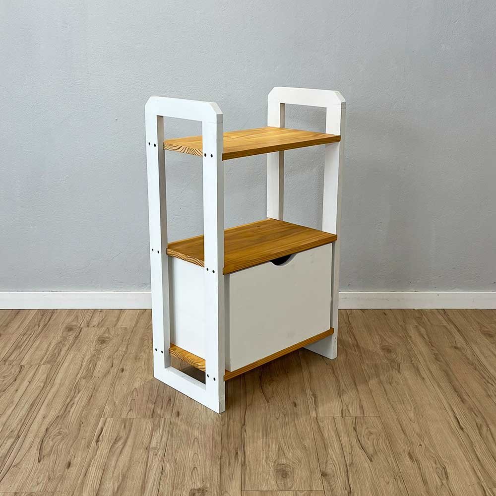 02 aparador de madeira pinus linea de 3 prateleiras slim com 1 gaveta nozes e branco