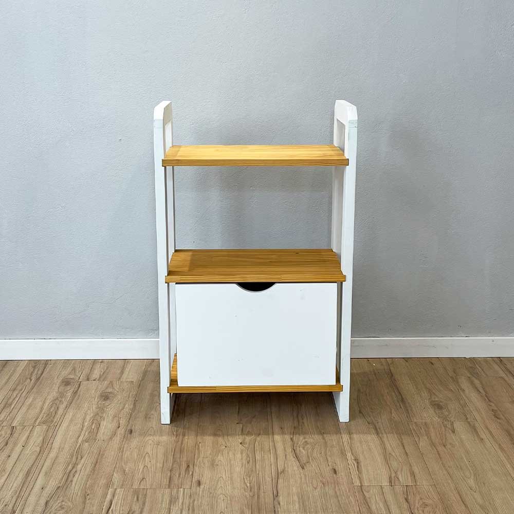 03 aparador de madeira pinus linea de 3 prateleiras slim com 1 gaveta nozes e branco
