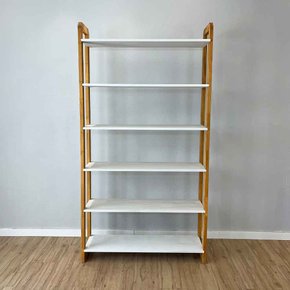 08 estante 6 prateleiras de madeira pinus linea ample branco e nozes