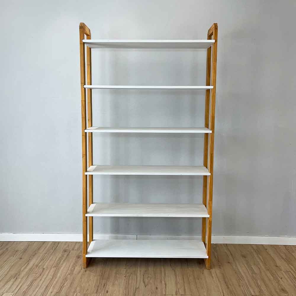 08 estante 6 prateleiras de madeira pinus linea ample branco e nozes