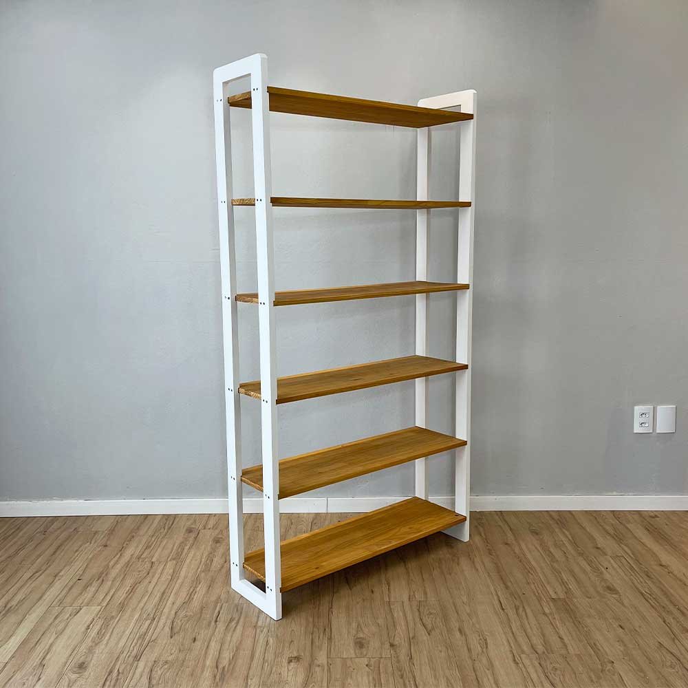 08 estante 6 prateleiras de madeira pinus linea ample nozes e branco