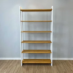 09 estante 6 prateleiras de madeira pinus linea ample nozes e branco