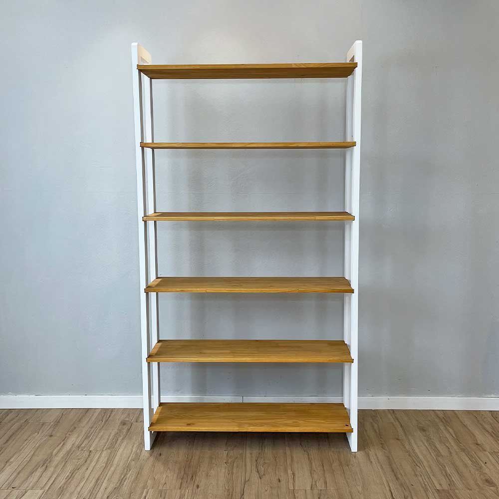 09 estante 6 prateleiras de madeira pinus linea ample nozes e branco