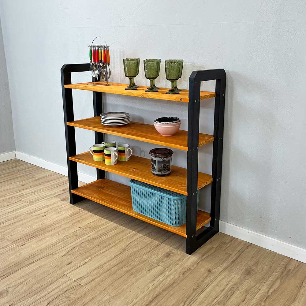 09 aparador de madeira pinus linea de 4 prateleiras ample carvalho e preto