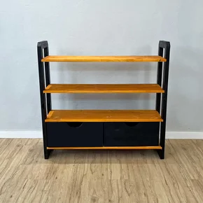 aparador de madeira pinus linea de 4 prateleiras ample com 2 gavetas carvalho e preto frontal