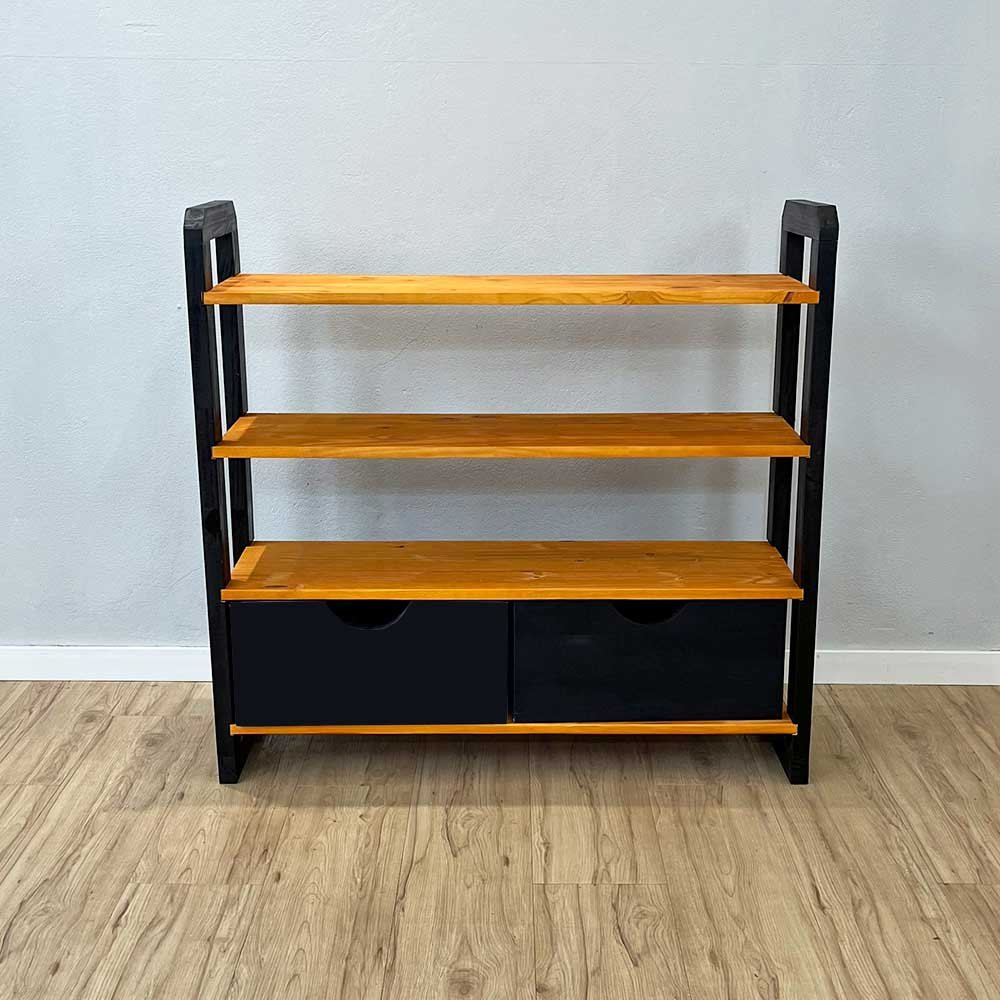 07 aparador de madeira pinus linea de 4 prateleiras ample com 2 gavetas carvalho e preto