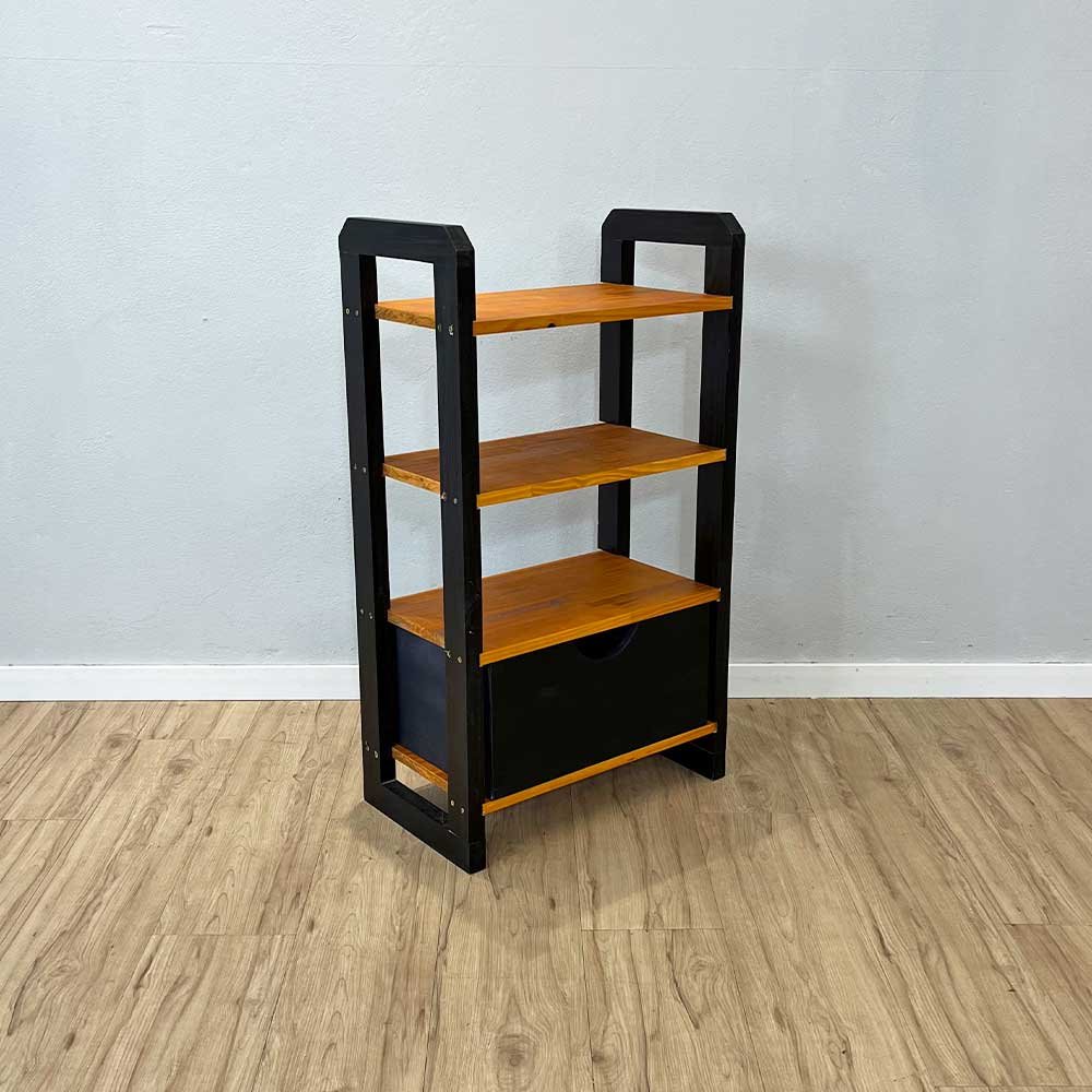 08 aparador de madeira pinus linea de 4 prateleiras slim com gaveta carvalho e preto