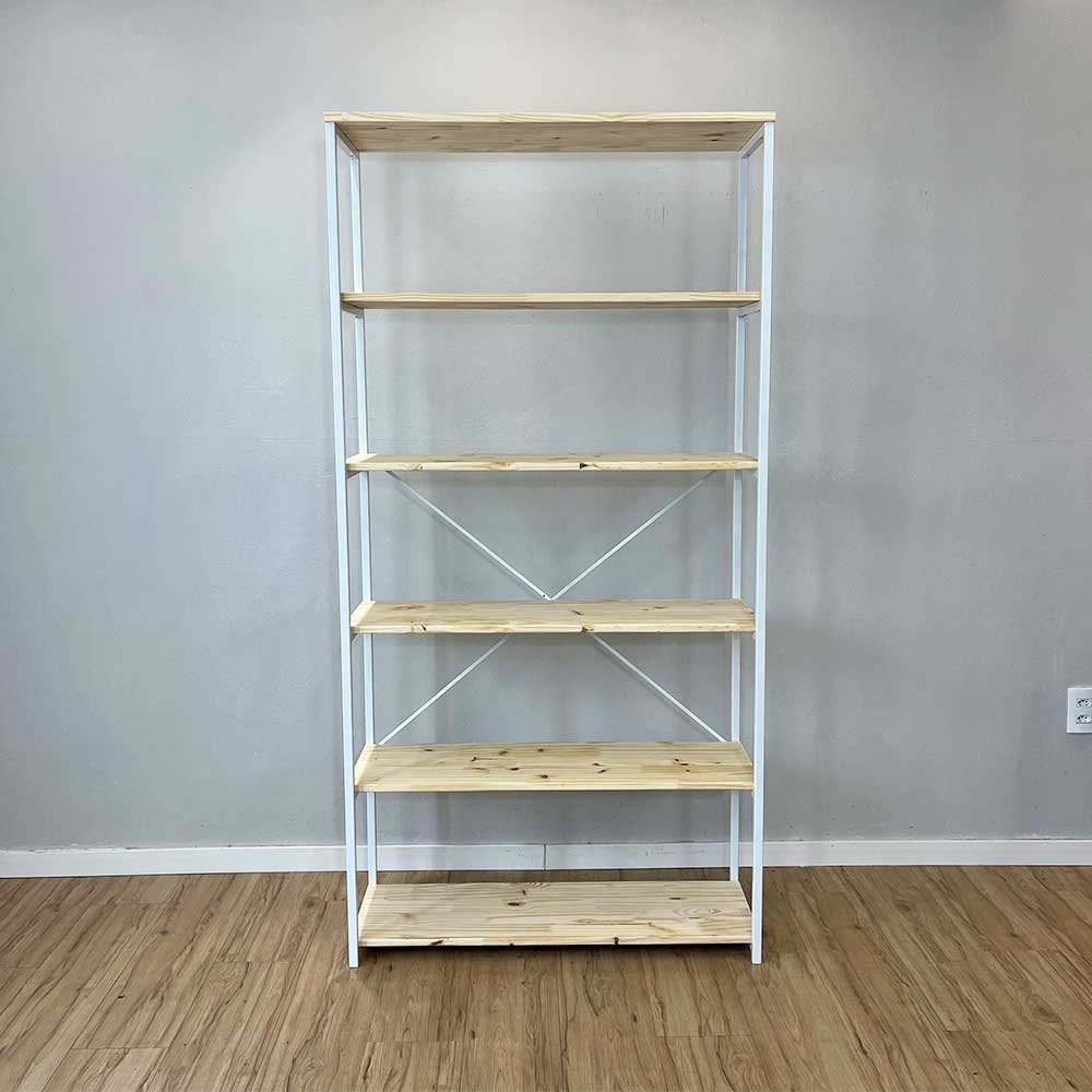 05 estante style de ferro e madeira ample 6 prateleiras industrial natural e branco