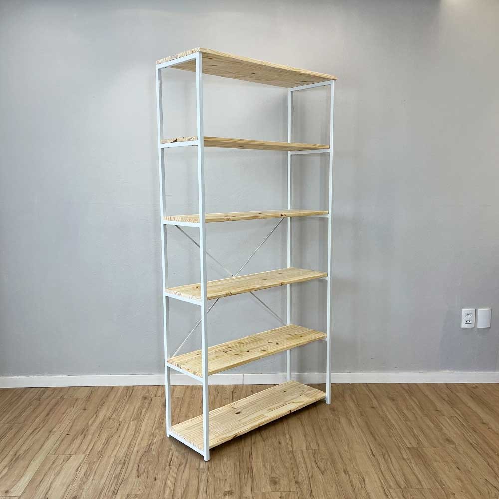 06 estante style de ferro e madeira ample 6 prateleiras industrial natural e branco