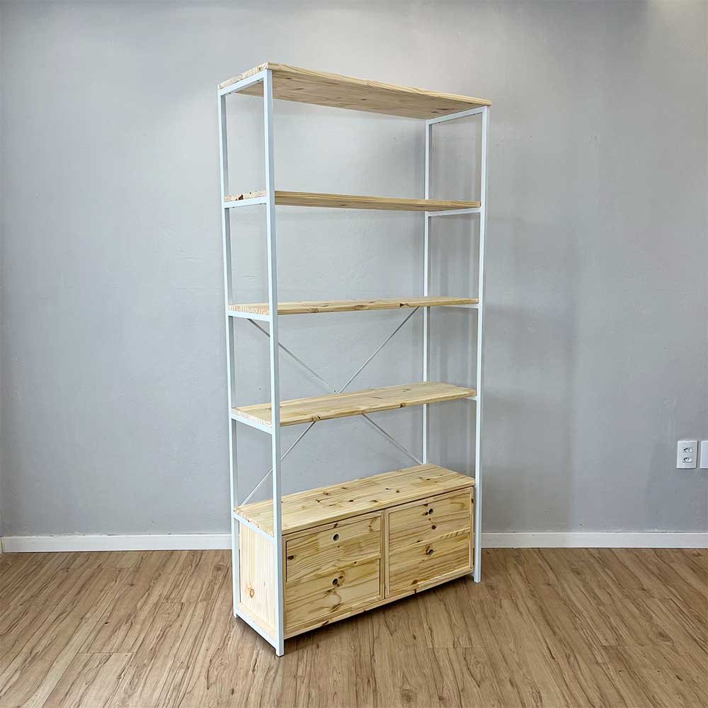 06 estante style de ferro e madeira ample 6 prateleiras com 2 gaveteiros industrial natural e branco