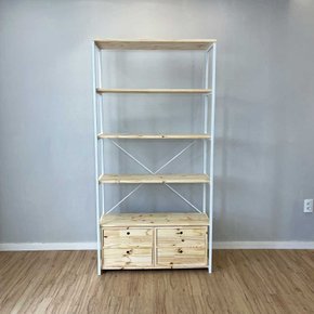 07 estante style de ferro e madeira ample 6 prateleiras com 2 gaveteiros industrial natural e branco