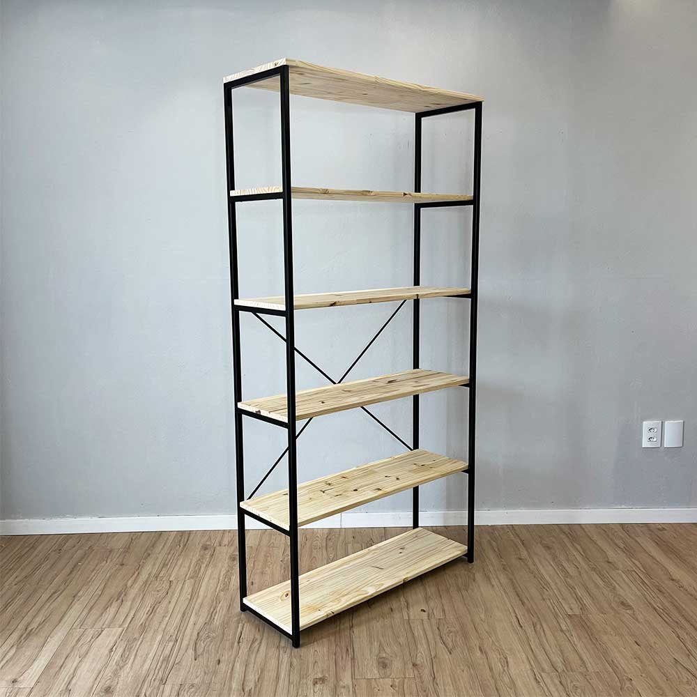 03 estante style de ferro e madeira ample 6 prateleiras industrial natural e preto