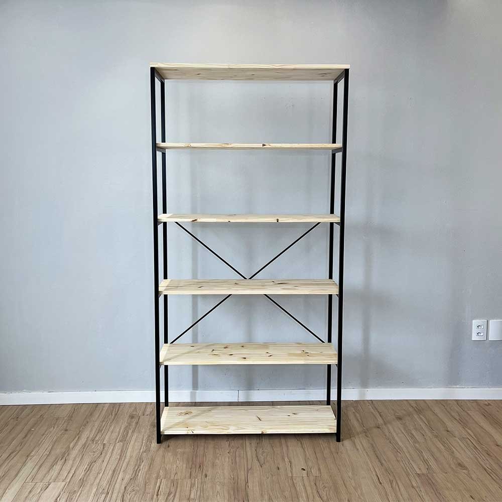 04 estante style de ferro e madeira ample 6 prateleiras industrial natural e preto